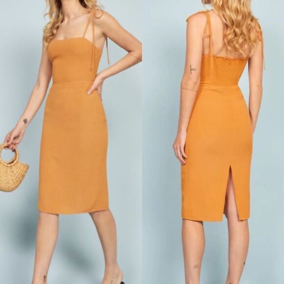 Reformation Jasper Midi Orange Dress Tie Strap Size 4 - Picture 3 of 9